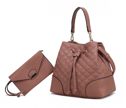 Vegan Leather Bucket Bag w/Wristlet - 2 Pieces