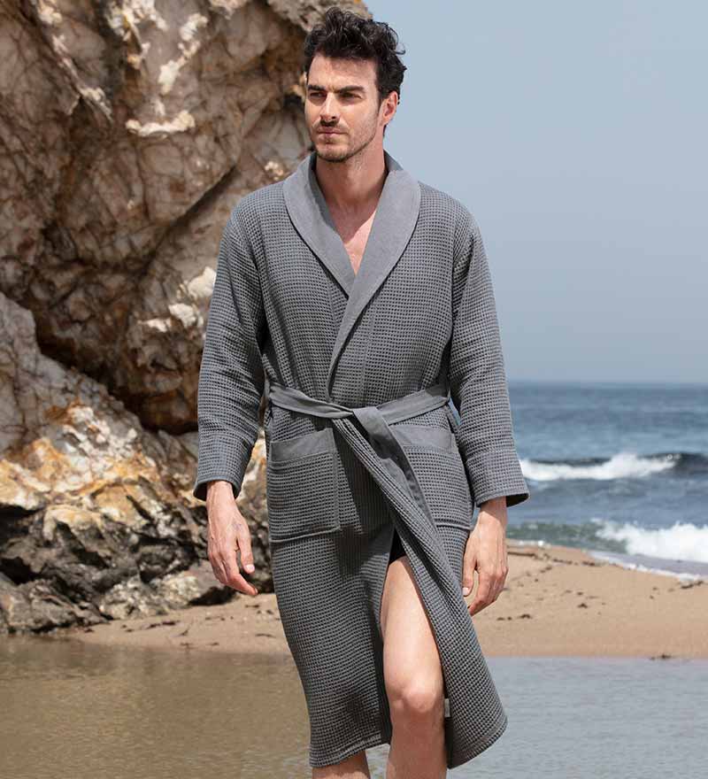 Men's Full Length Lightweight Waffle Spa Robe w/Shawl Collar