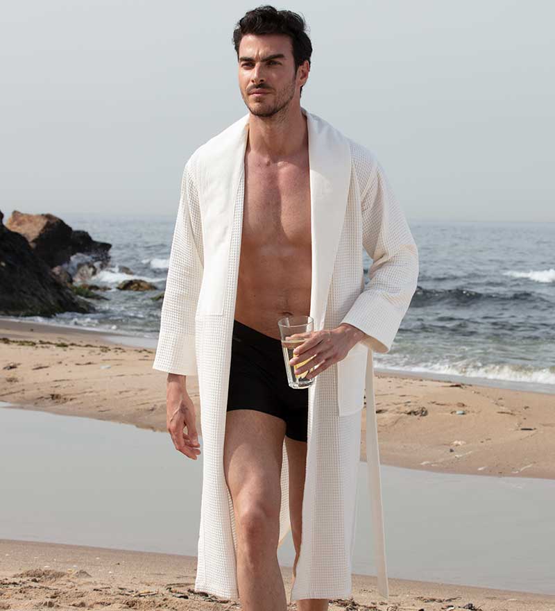 Men's Full Length Lightweight Waffle Spa Robe w/Shawl Collar