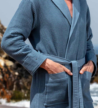 Men's Full Length Lightweight Waffle Spa Robe w/Shawl Collar