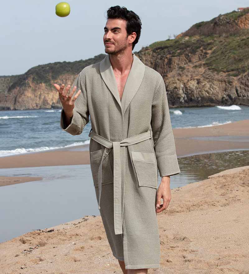 Men's Full Length Lightweight Waffle Spa Robe w/Shawl Collar