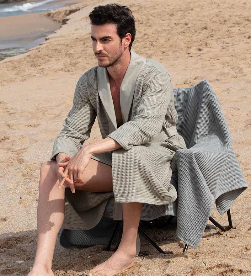 Men's Full Length Lightweight Waffle Spa Robe w/Shawl Collar